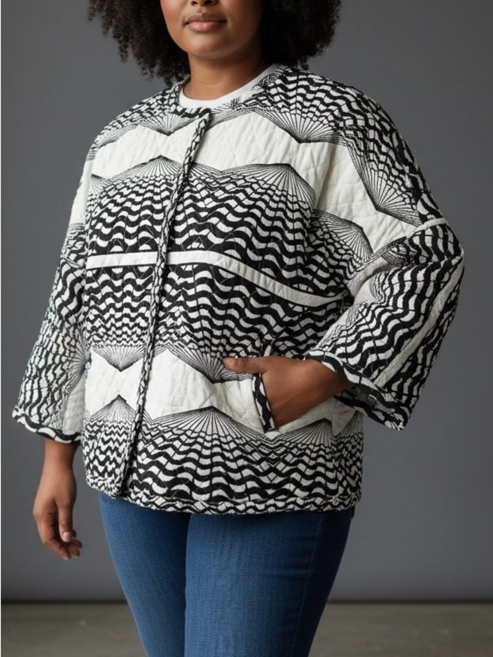 Yevu Graphic Geometric Print Quilted Cotton Batwing Jacket Women XXXL